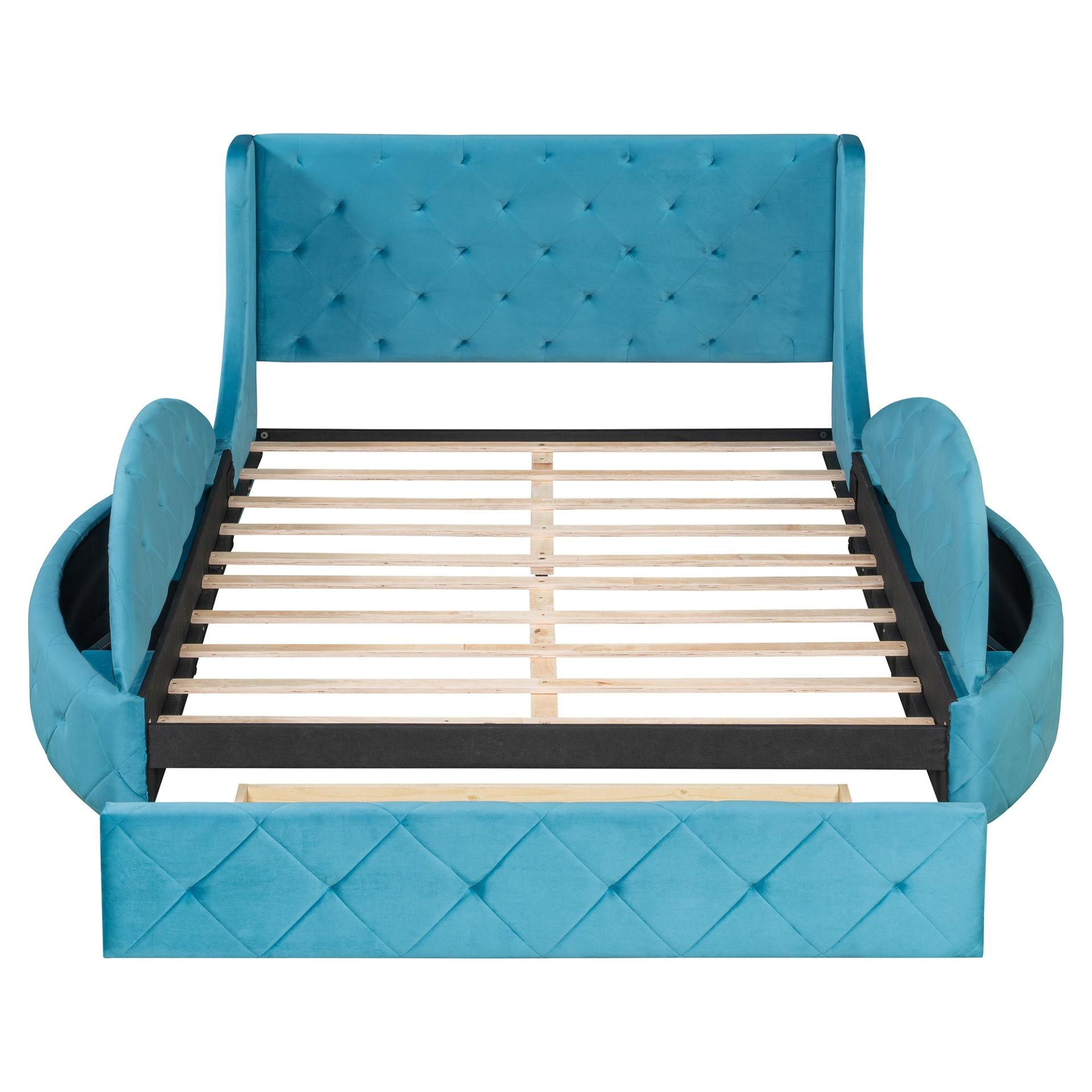 Start2Finish upholstered velvet platform bed with wingback headboard, storage drawers, and side stools in a stylish bedroom setting.