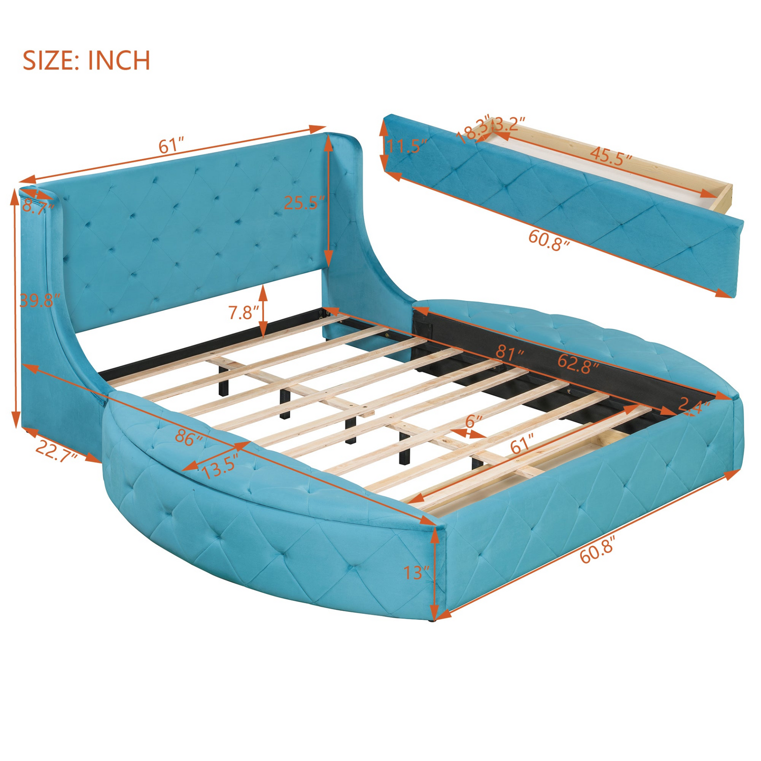 Start2Finish upholstered velvet platform bed with wingback headboard, storage drawer, and side stools in a modern bedroom setting.
