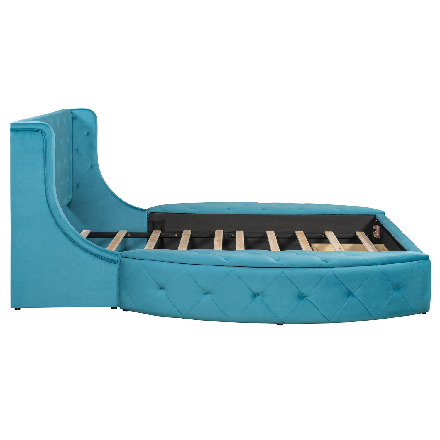 Start2Finish upholstered velvet platform bed with wingback headboard, storage drawer, and side stools in a modern bedroom setting.
