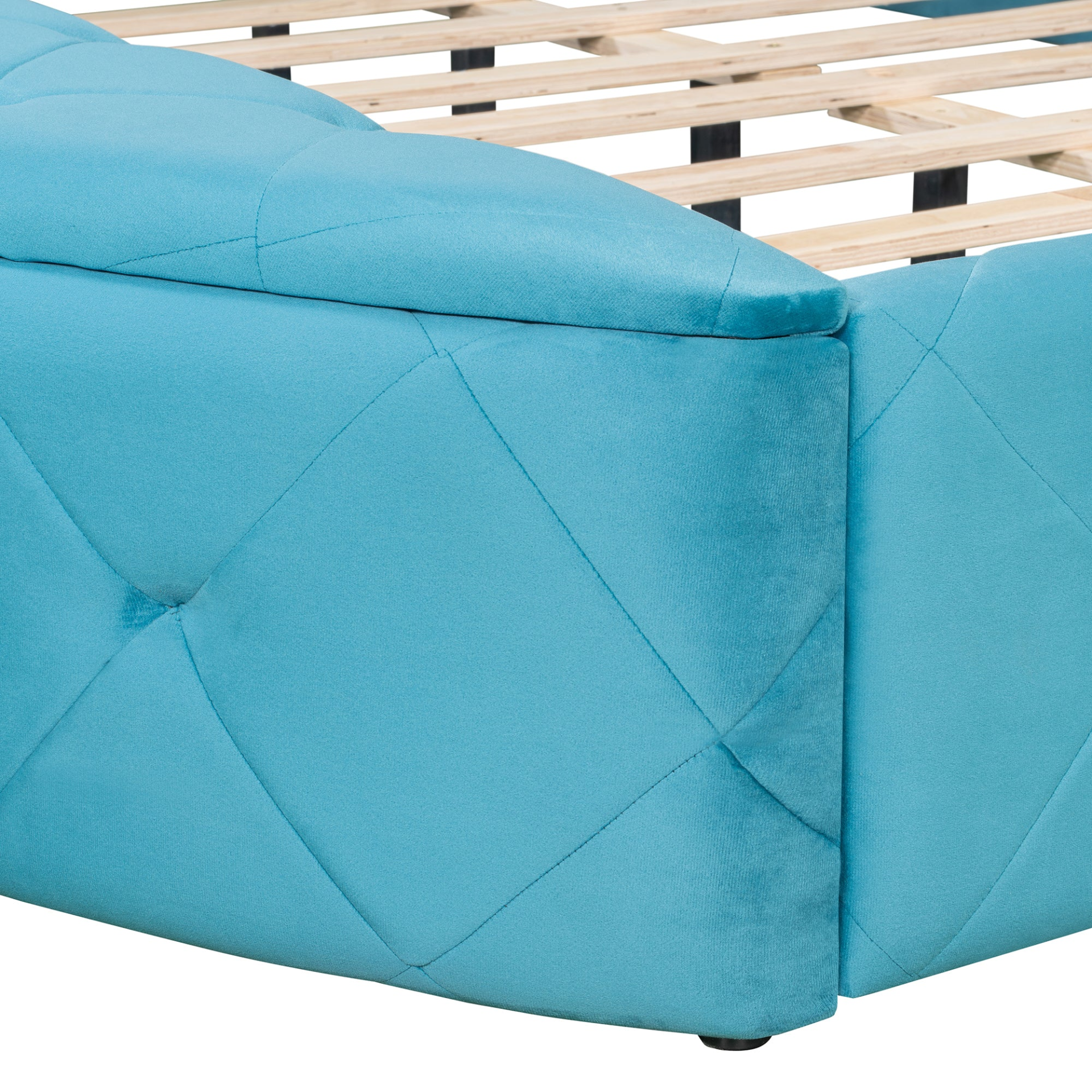 Start2Finish upholstered velvet platform bed with wingback headboard, built-in storage drawers, and matching side stools.