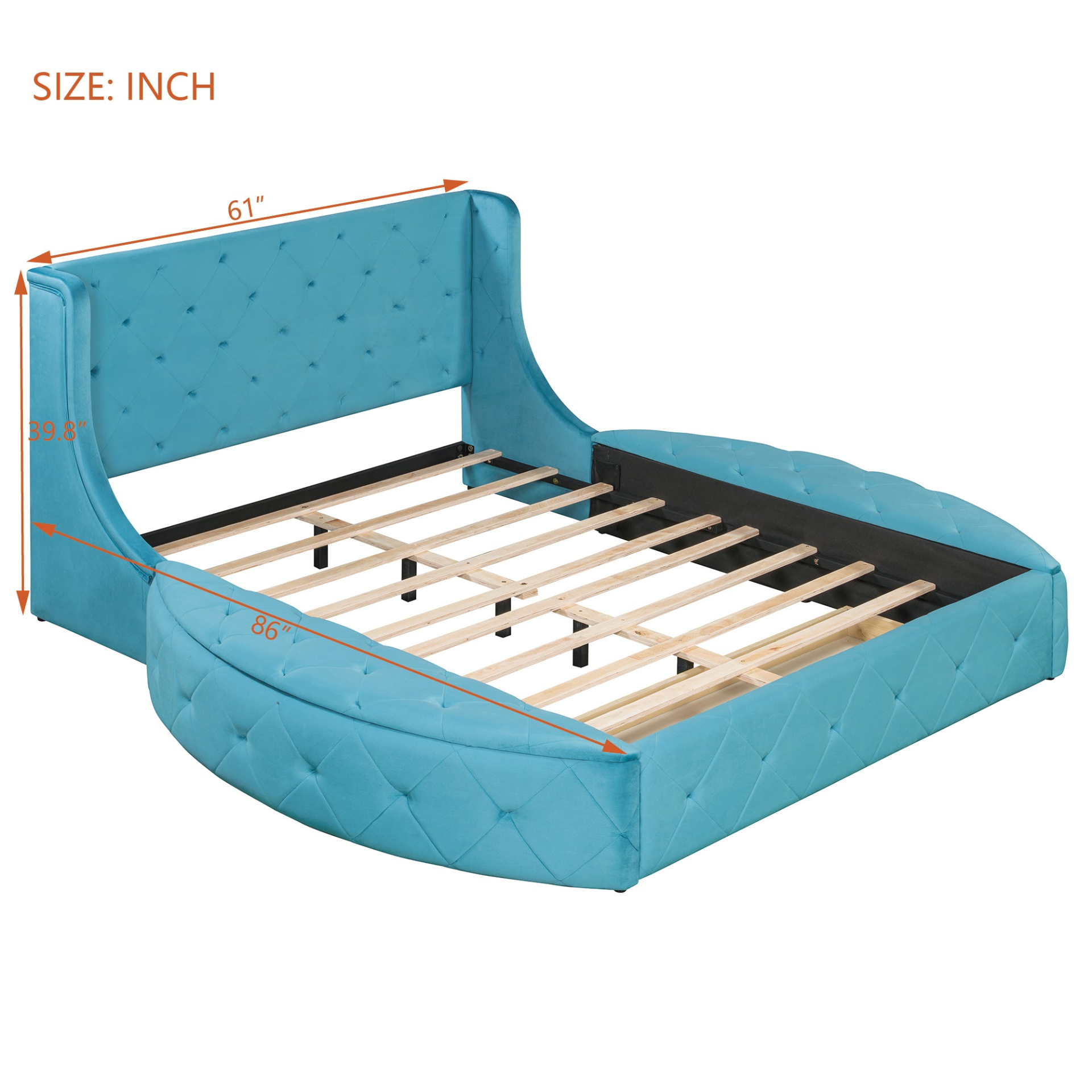 Start2Finish velvet platform bed with wingback headboard, storage drawer, and side stools, showcasing plush upholstery and modern design.