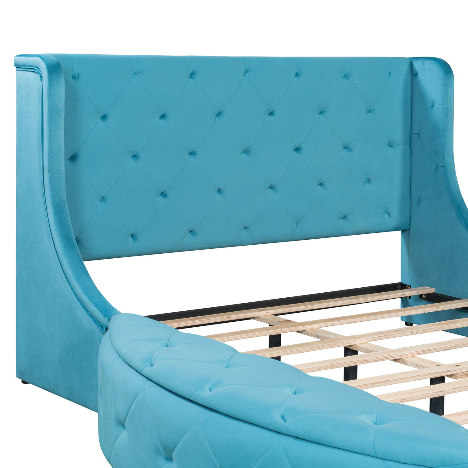 Start2Finish upholstered velvet platform bed with wingback headboard, built-in storage drawer, and side stools in a modern bedroom setting.