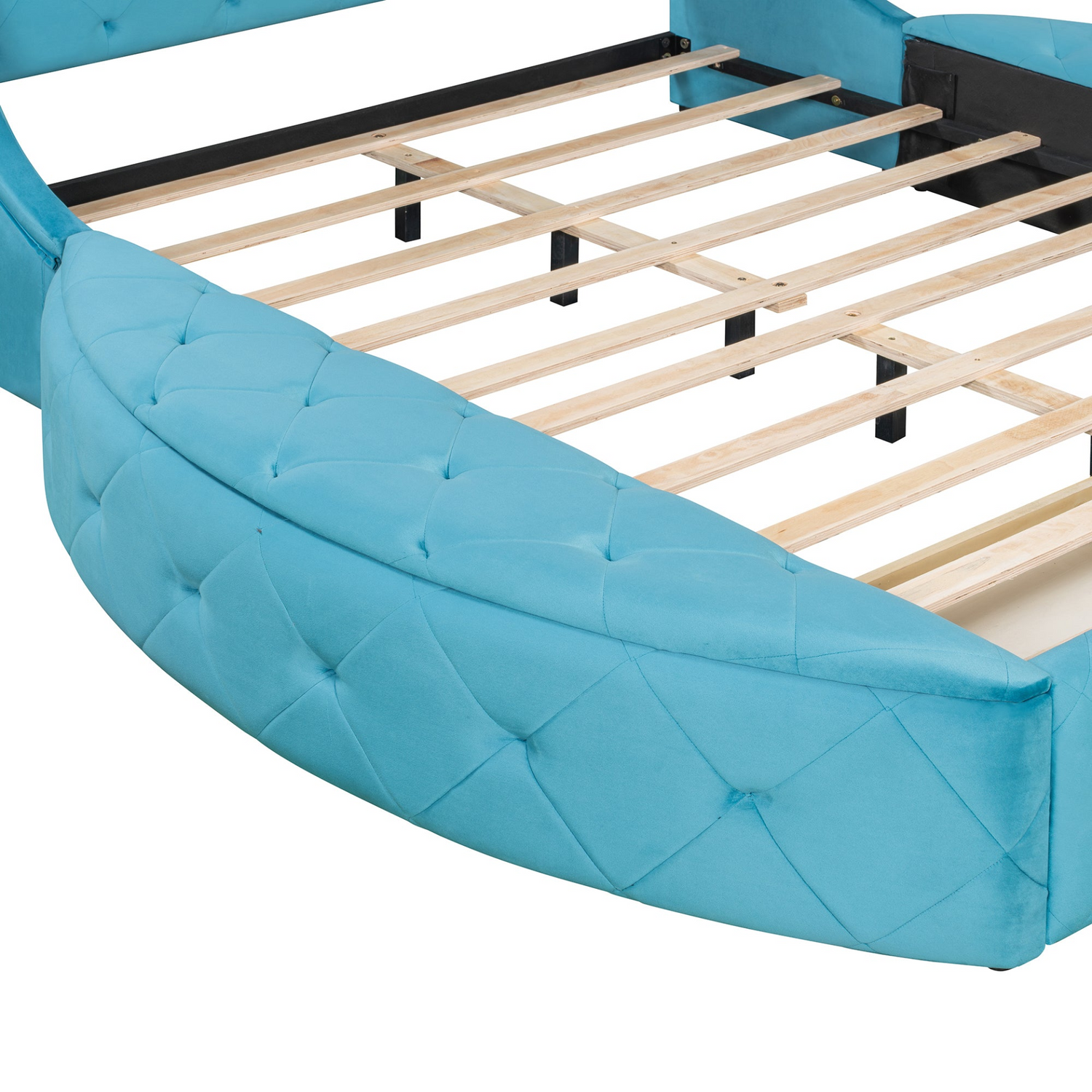 Start2Finish upholstered velvet platform bed with wingback headboard, storage drawer, and side stools, featuring a stylish bedroom furniture design.