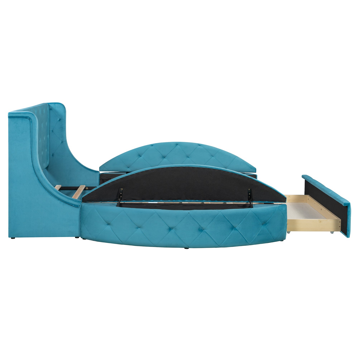 Start2Finish upholstered velvet platform bed with wingback headboard, storage drawer, and side stools in a stylish furniture setting.