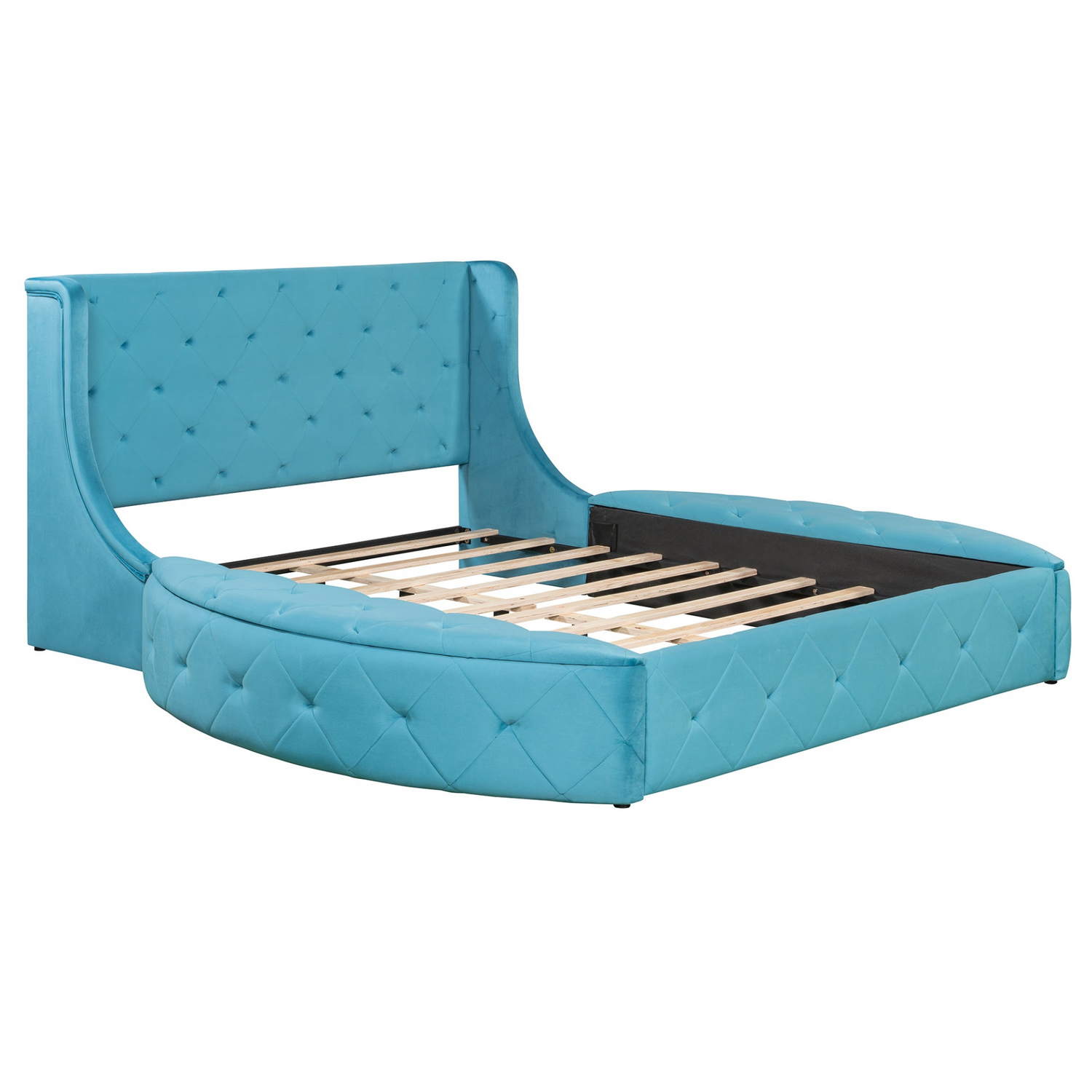 Start2Finish upholstered velvet platform bed with wingback headboard, storage drawer, and side stools in a modern bedroom setting.