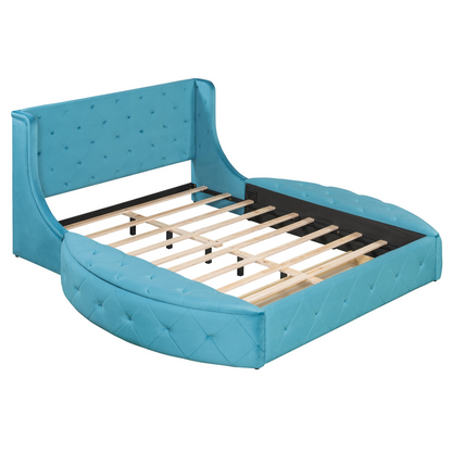 Start2Finish upholstered velvet platform bed with wingback headboard, storage drawer, and side stools in a modern bedroom setting.