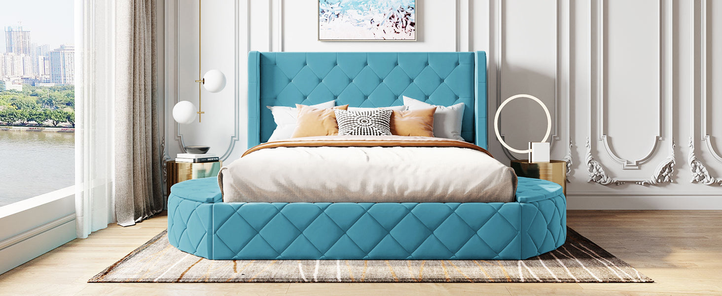 Start2Finish velvet platform bed with wingback headboard, storage drawer, and side stools, showcasing plush upholstery and stylish design.