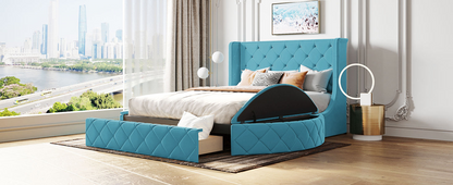 Start2Finish upholstered velvet platform bed with wingback headboard, storage drawer, and side stools, showcasing elegant bedroom furniture.