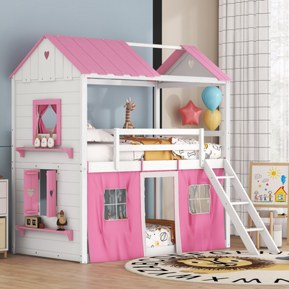 Start2Finish bunk wood house bed with elegant windows, sills, and a play tent for kids&