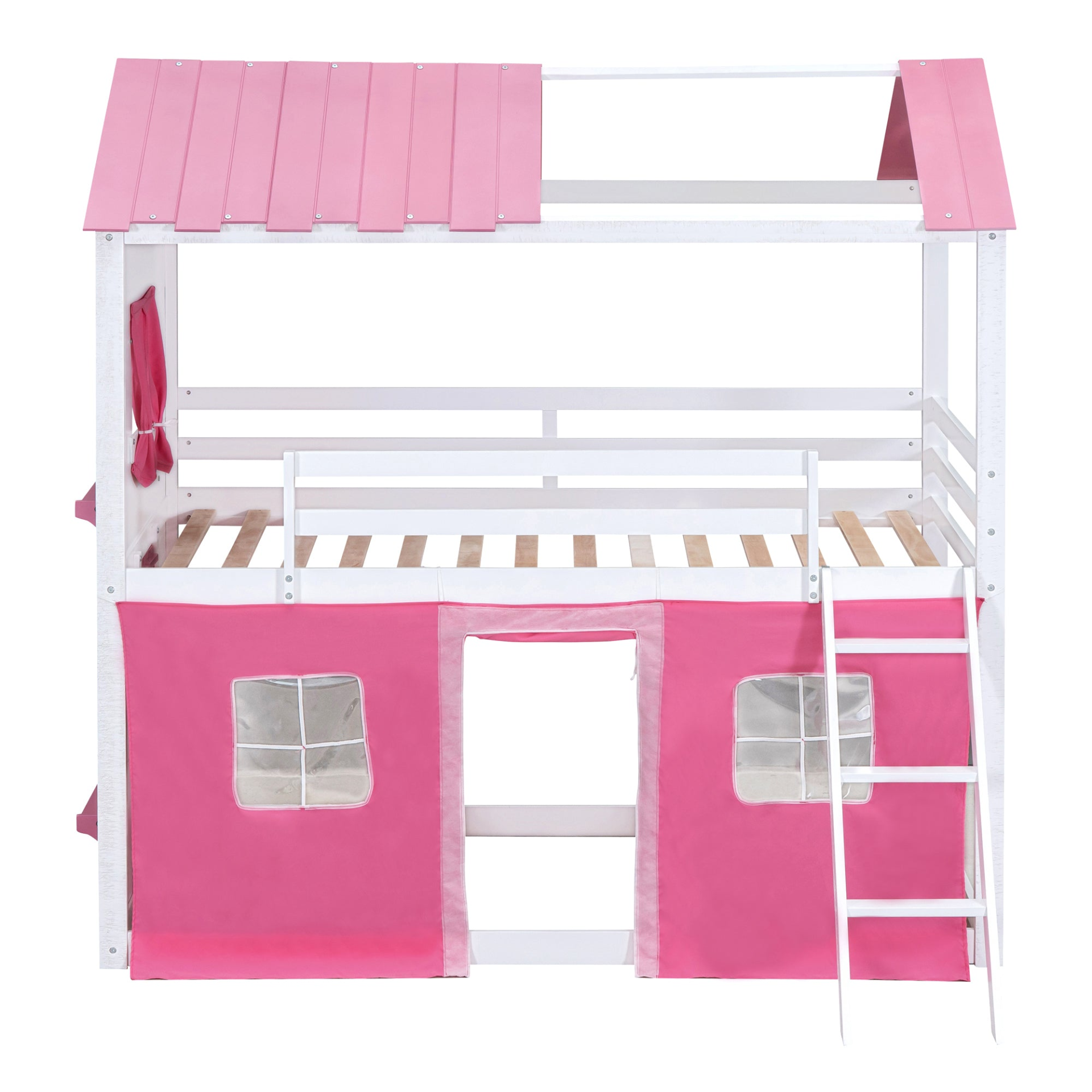 Start2Finish bunk wood house bed with windows, sills, and tent for kids&