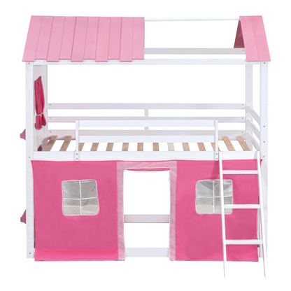 Start2Finish bunk wood house bed with windows, sills, and tent for kids&