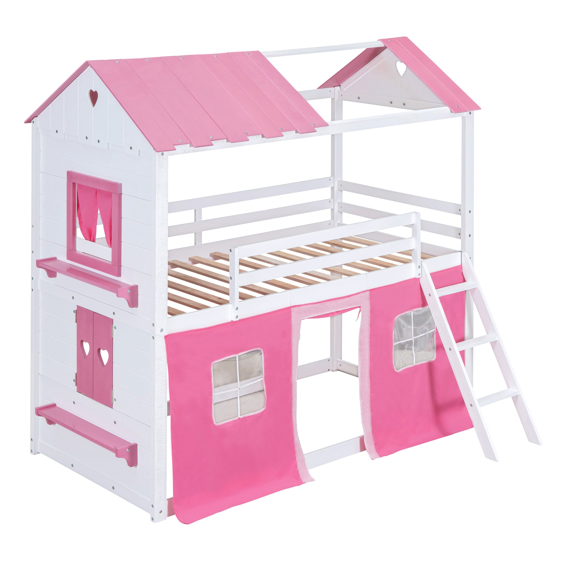 Start2Finish bunk wood house bed for kids with elegant windows, sills, and a tent, ideal for playrooms and imaginative play.