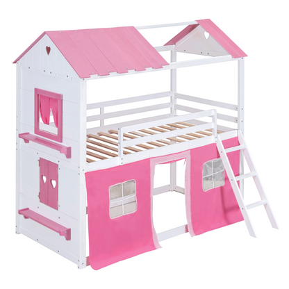 Start2Finish bunk wood house bed for kids with elegant windows, sills, and a tent, ideal for playrooms and imaginative play.