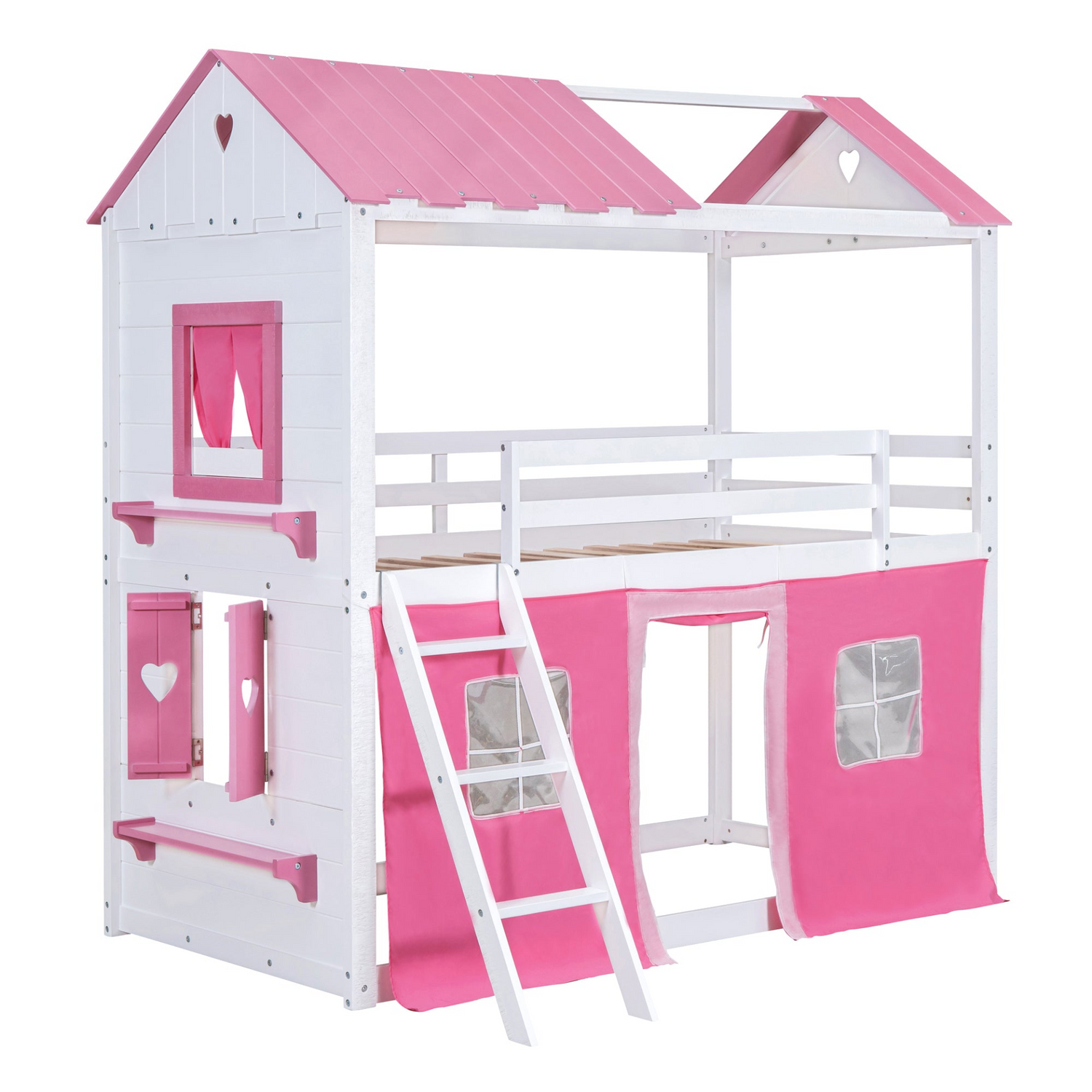 Start2Finish bunk wood house bed with elegant windows, sills, and tent, suitable for kids&