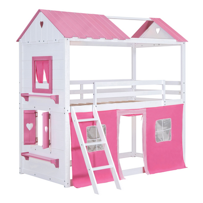 Start2Finish bunk wood house bed with elegant windows, sills, and tent, suitable for kids&