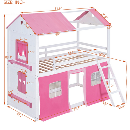 Start2Finish bunk wood house bed with windows, sills, and play tent, ideal for kids&