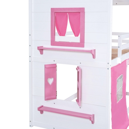 Start2Finish bunk wood house bed with elegant windows, sills, and tent, designed for kids&