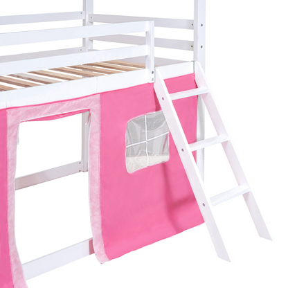 Start2Finish bunk wood house bed with elegant windows, sills, and a play tent for kids&