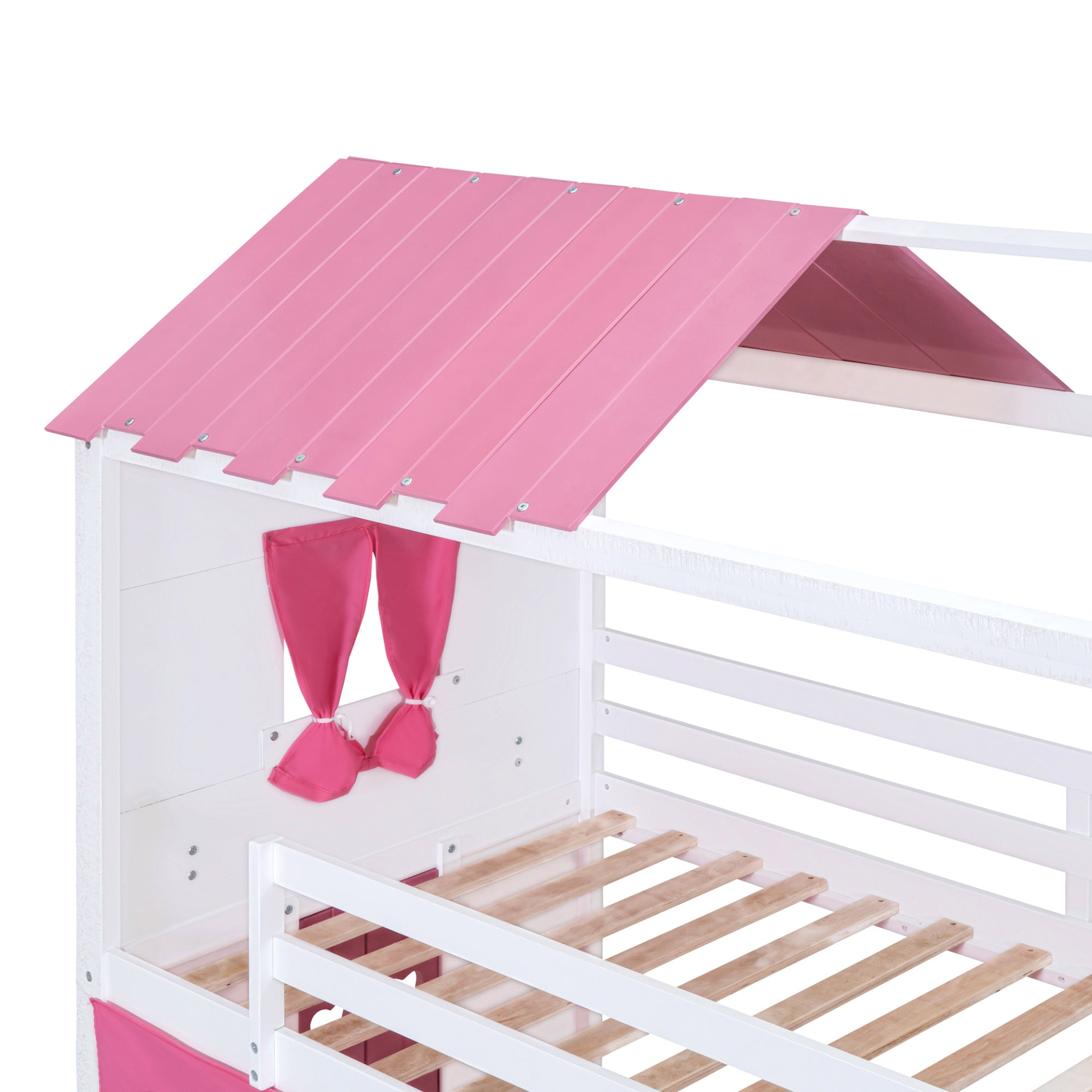 Start2Finish bunk wood house bed with elegant windows, sills, and play tent for kids&