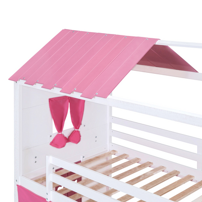 Start2Finish bunk wood house bed with elegant windows, sills, and play tent for kids&