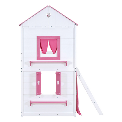Start2Finish bunk wood house bed for kids with elegant windows, sills, and a tent, perfect for a playful kids&
