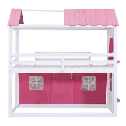 Start2Finish bunk wood house bed with windows, sills, and tent for kids&