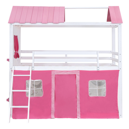 Start2Finish bunk wood house bed with elegant windows, sills, and tent for kids&