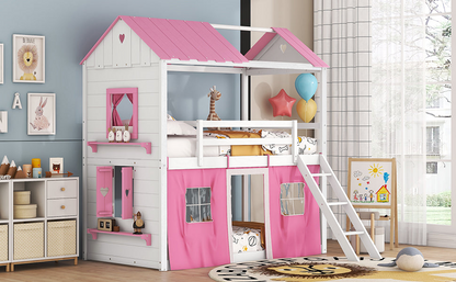 Start2Finish bunk wood house bed with windows, sills, and tent for kids&