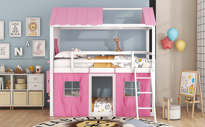 Start2Finish bunk wood house bed with elegant windows, sills, and tent for kids&