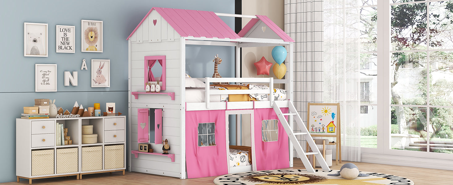 Start2Finish bunk wood house bed with windows, sills, and tent for kids&