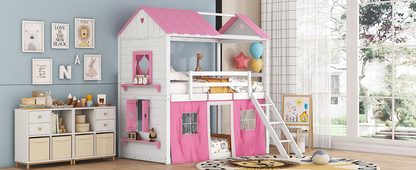 Start2Finish bunk wood house bed with windows, sills, and tent for kids&
