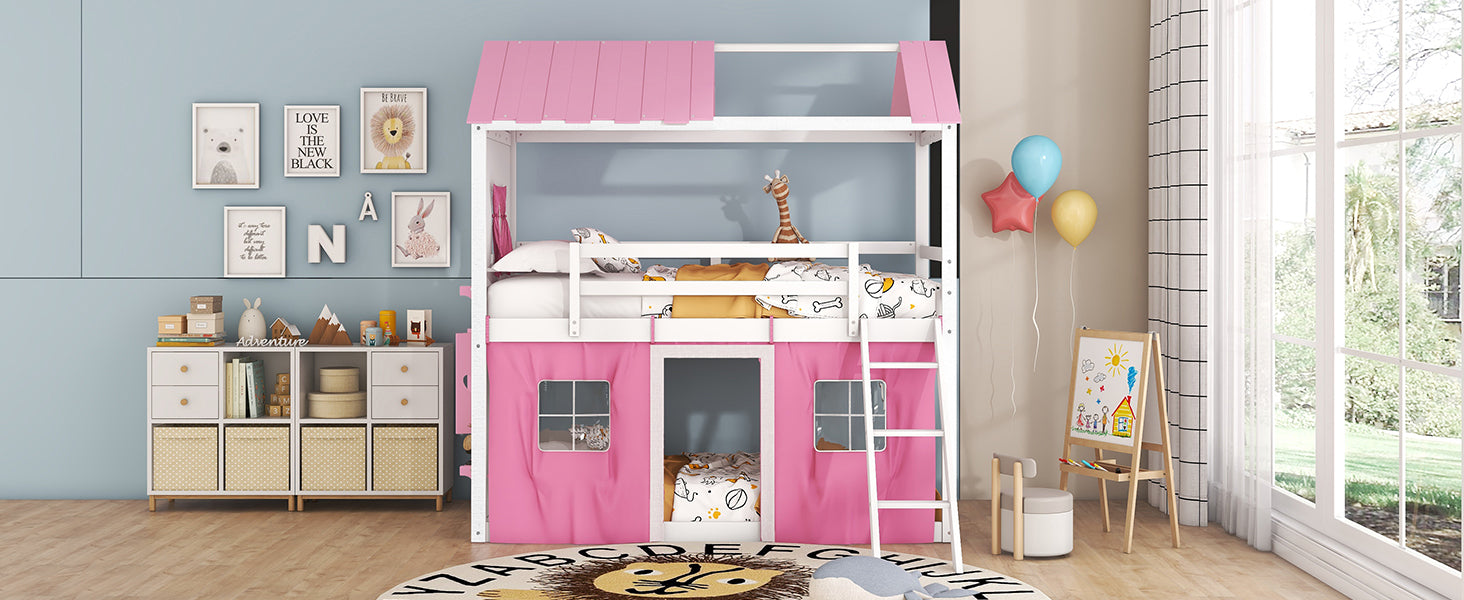 Start2Finish bunk wood house bed with windows, sills, and tent, perfect for kids&