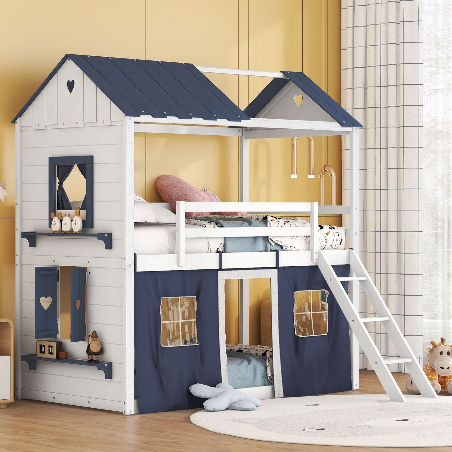 Start2Finish bunk wood house bed for kids with elegant windows, sills, and play tent, ideal for a children&
