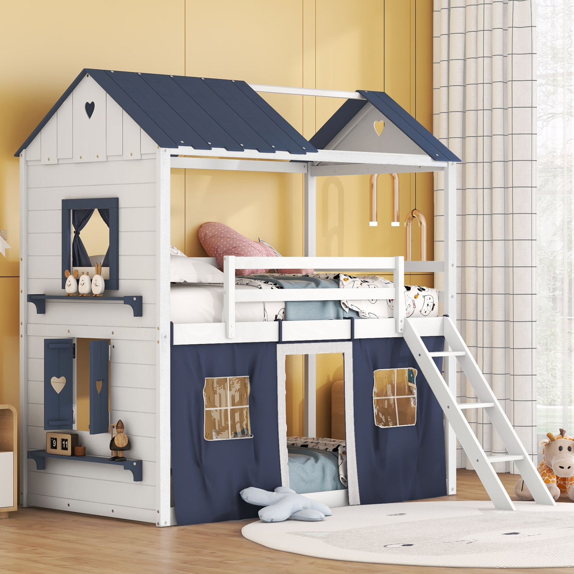 Start2Finish bunk wood house bed for kids with elegant windows, sills, and play tent, ideal for a children&