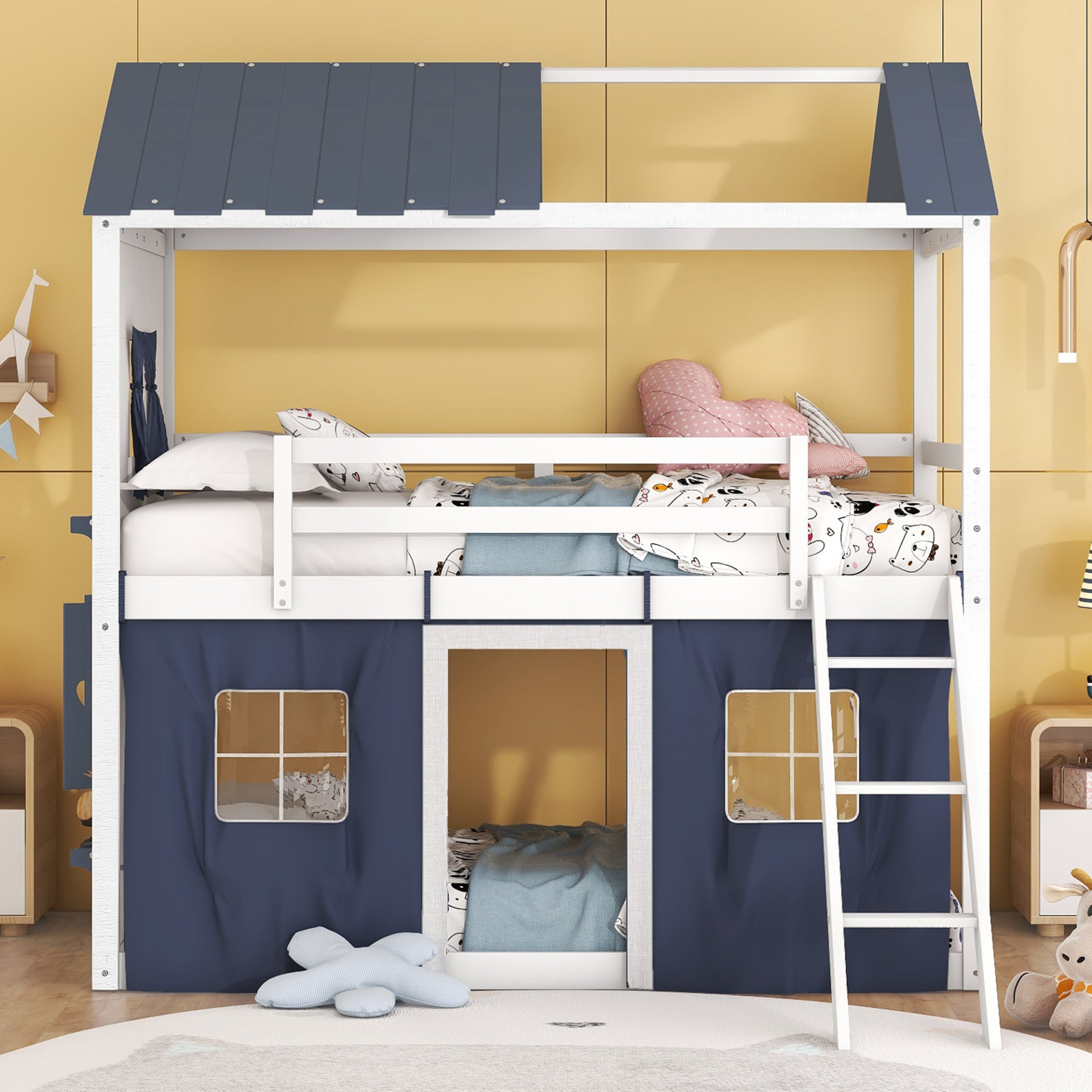 Start2Finish bunk wood house bed with windows, sills, and play tent for kids&