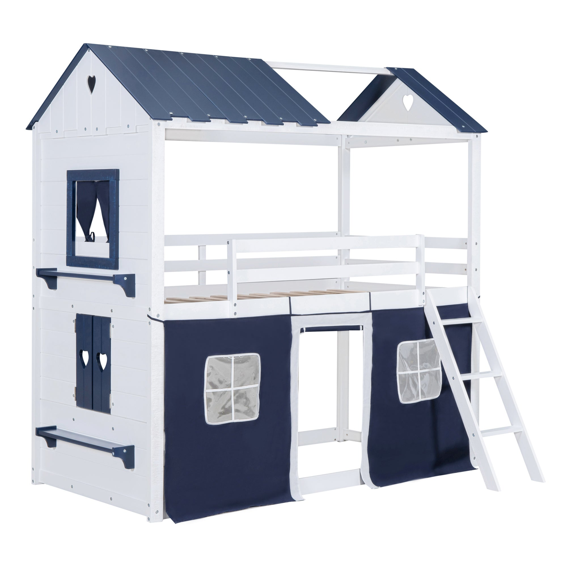 Start2Finish bunk wood house bed with windows, sills, and tent for kids&