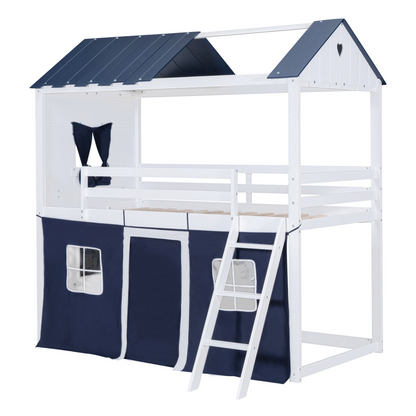Start2Finish bunk wood house bed with windows, sills, and tent for kids&
