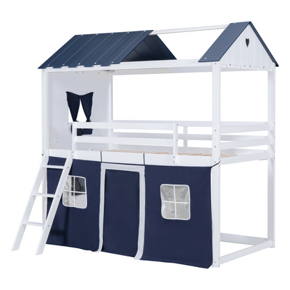 Start2Finish bunk wood house bed with elegant windows, sills, and tent for kids&