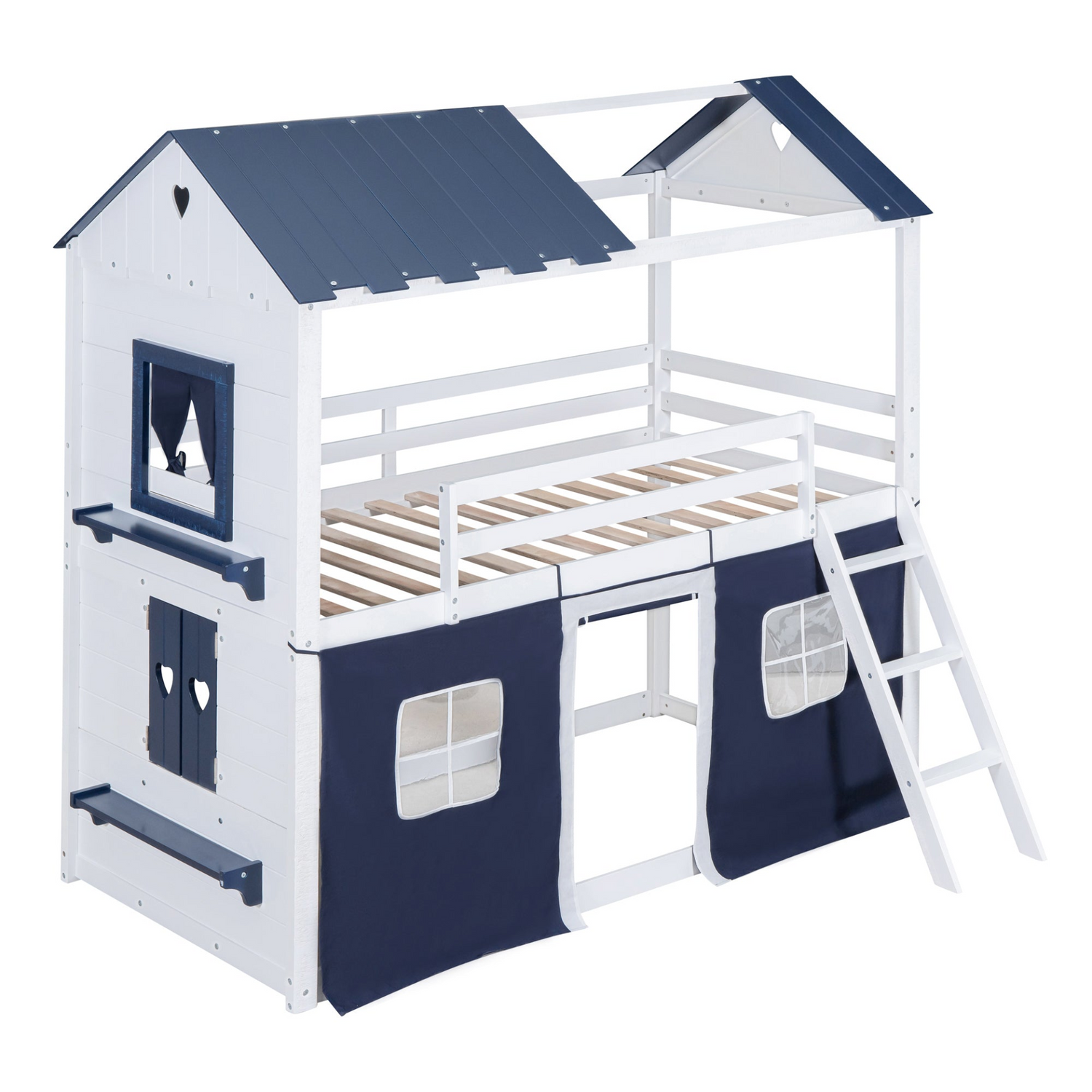 Wood bunk bed with windows, sills, and tent for kids&