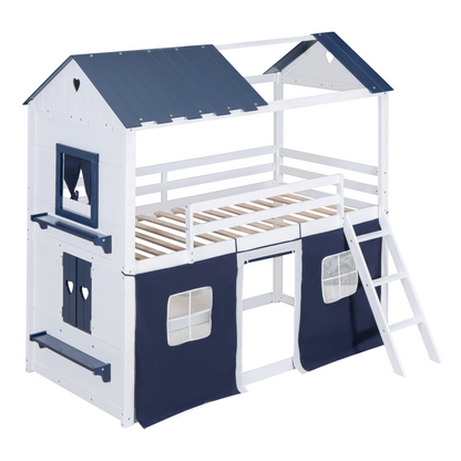 Wood bunk bed with windows, sills, and tent for kids&