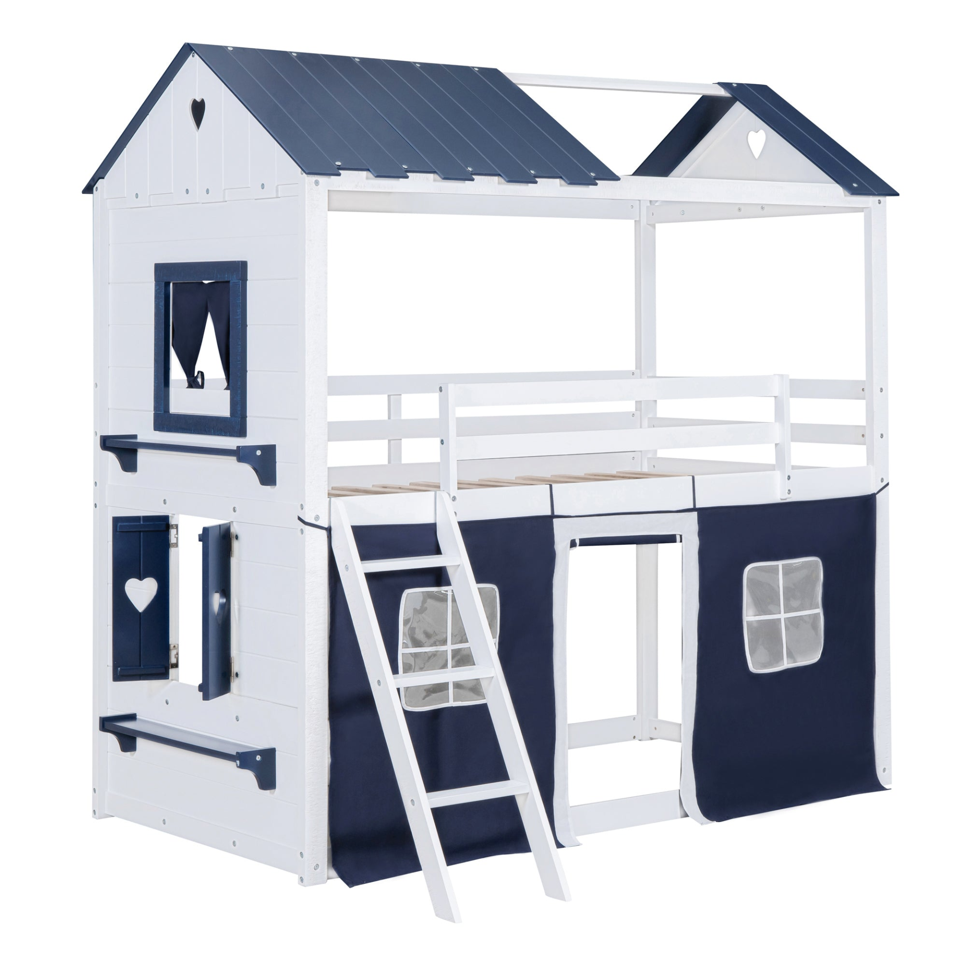 Start2Finish bunk wood house bed with elegant windows, sills, and play tent for kids&