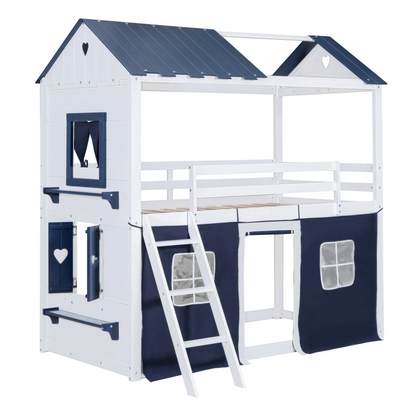 Start2Finish bunk wood house bed with elegant windows, sills, and play tent for kids&