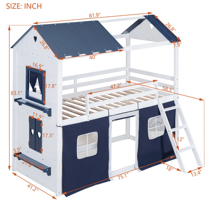 Start2Finish bunk wood house bed with elegant windows, sills, and tent, ideal for kids&