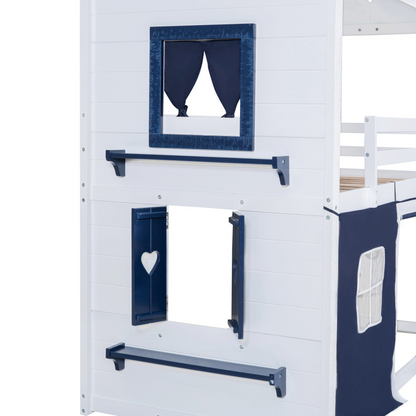Start2Finish bunk wood house bed with windows, sills, and tent for kids&