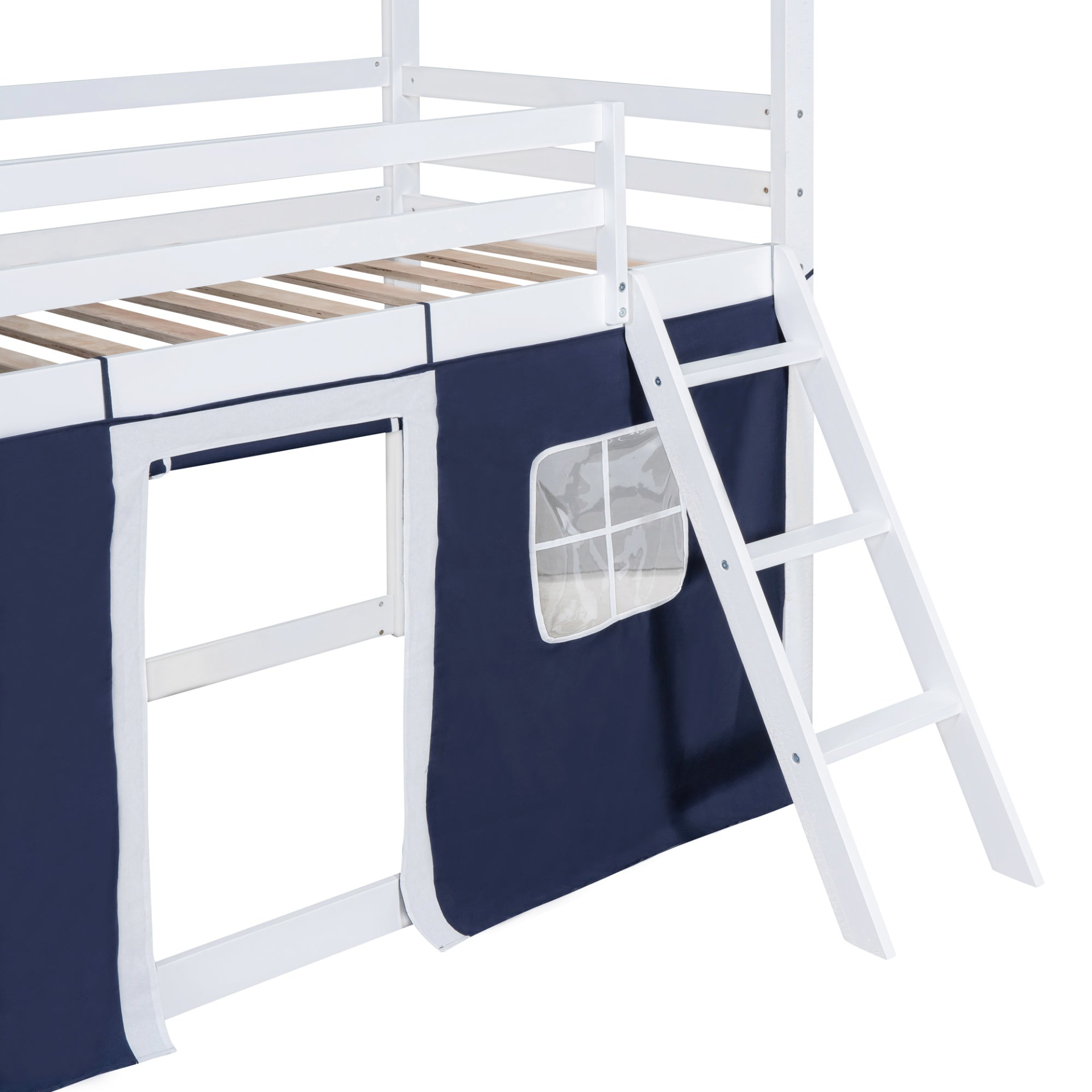 Start2Finish bunk wood house bed with windows, sills, and tent for kids&