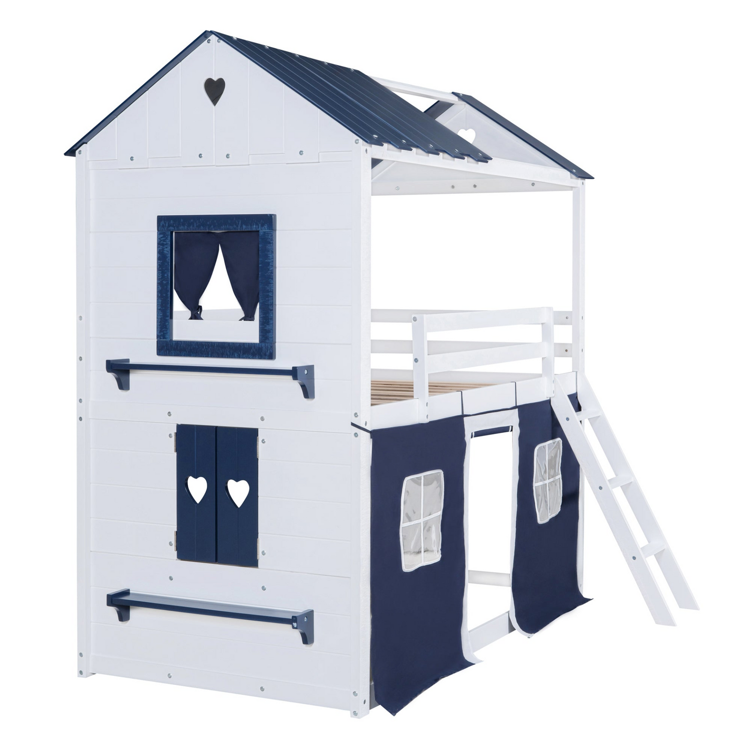 Start2Finish bunk wood house bed for kids with elegant windows, sills, and tent in a playroom setting.