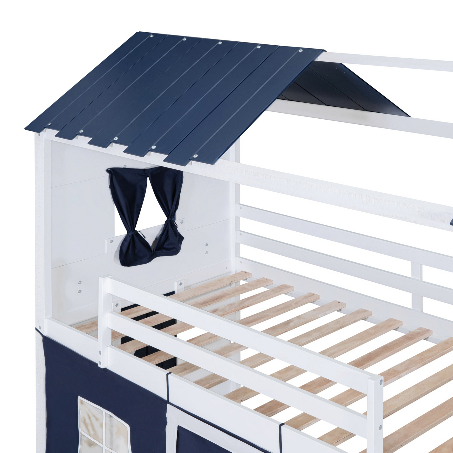 Start2Finish bunk wood house bed with elegant windows, sills, and tent, perfect for kids&