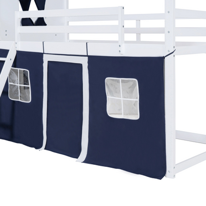 Start2Finish bunk wood house bed for kids with elegant windows, sills, and tent, perfect for a playroom or bedroom.