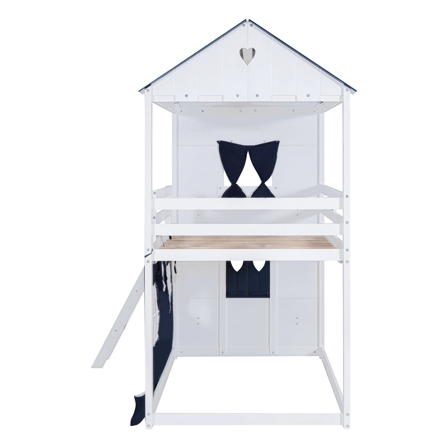 Start2Finish bunk wood house bed with elegant windows, sills, and tent, perfect for kids&