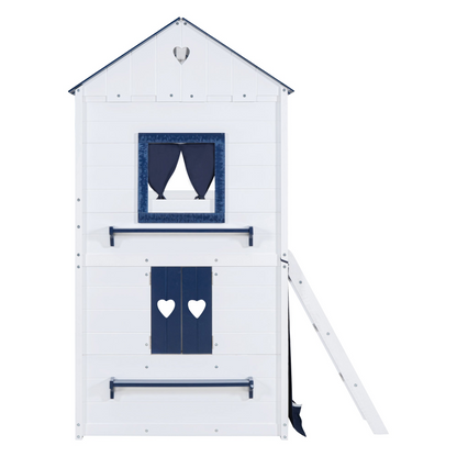 Start2Finish bunk wood house bed with windows, sills, and tent for kids&